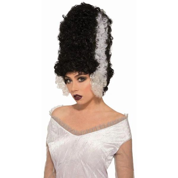 Bride of Frankenstein Tall Beehive Wig - Black, White Streaked Hair - Halloween Spirit