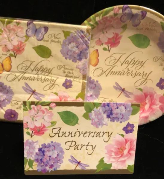 BOGO SALE - Happy Anniversary Garden Plates, Napkins, Invitations - Gold Theme Party Supplies