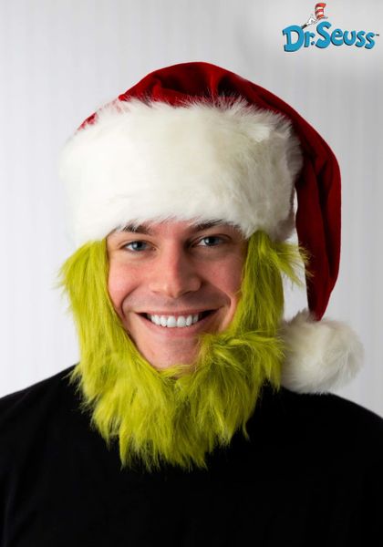 Dr Seuss Grinch Santa Hat with Green Fur Beard - Christmas - Halloween Sale