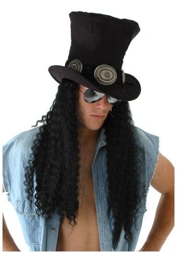 Guitar Superstar Hat with Hair, Adjustable Size - Long Black Hair - Top Hat - Purim - Halloween Spirit