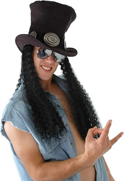 *Rock Star Black Top Hat with Hair with Long Black Hair - Halloween