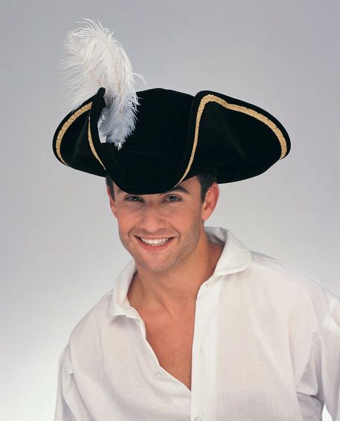Pirate Tricorn Buccaneer Hat Accessory, Black with White Feather - Purim - Halloween Spirit - under $20
