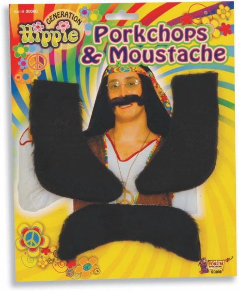 *Hippie Chops and Moustache (Mustache), Black - Sideburns - Halloween Costume Accessory