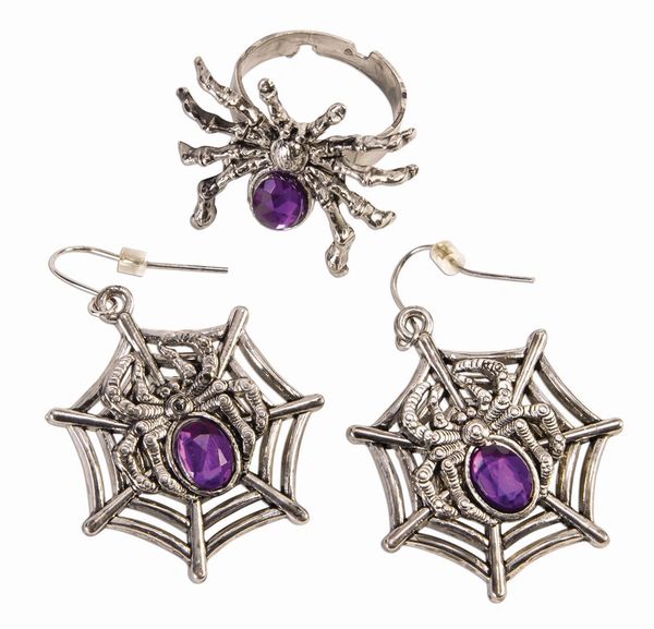 *Spider Witch Costume Accessory Jewelry Set, Silver, Purple Stones - Halloween Gifts