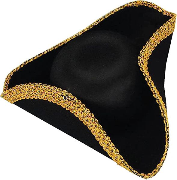 *Black Pirate Tricorn Buccaneer Hat Costume Accessory, Gold Trim - Colonial - Halloween