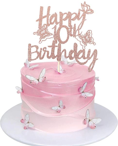 Happy 10th Birthday Pink Cake Topper with Glitter
