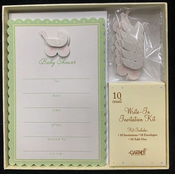 Stroller Baby Shower Glitter Packaged Invitations Kit, 10ct