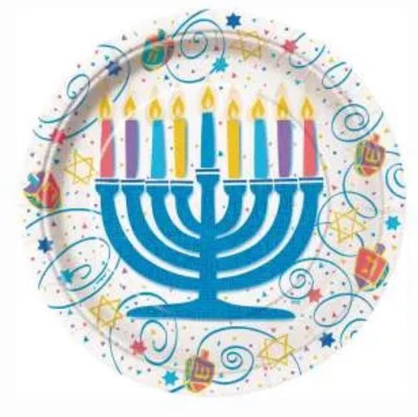 BOGO SALE - Hanukkah Menorah Luncheon Plates, 9in - 24ct - Chanukah Holiday Sale