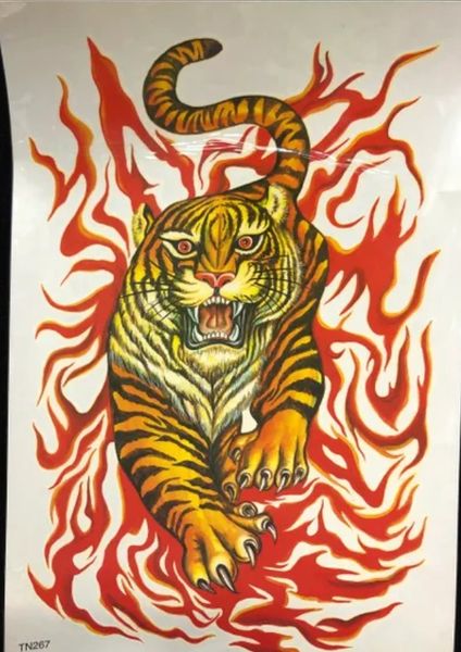 Temporary Tiger Jumping Through Fire Flames Body Tattoo Art, 12in - Fake Tattoo