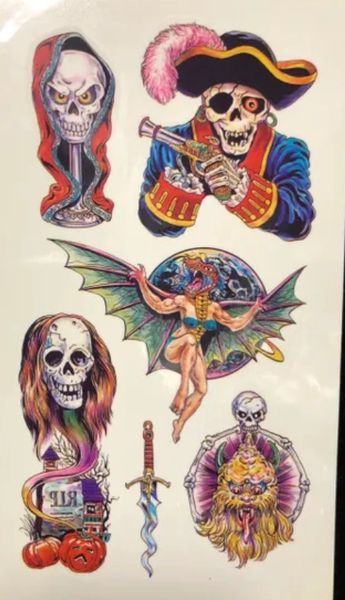 Pirate Tattoos - Skeletons, Skulls, Sword RIP Tombstone Temporary Body Tattoo Art, 6in - Fake Tattoo - under $20