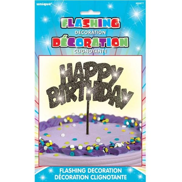 BOGO SALE - Flashing Happy Birthday Glitter Cake Pick Topper, 7in - Light Up Decoration - Black