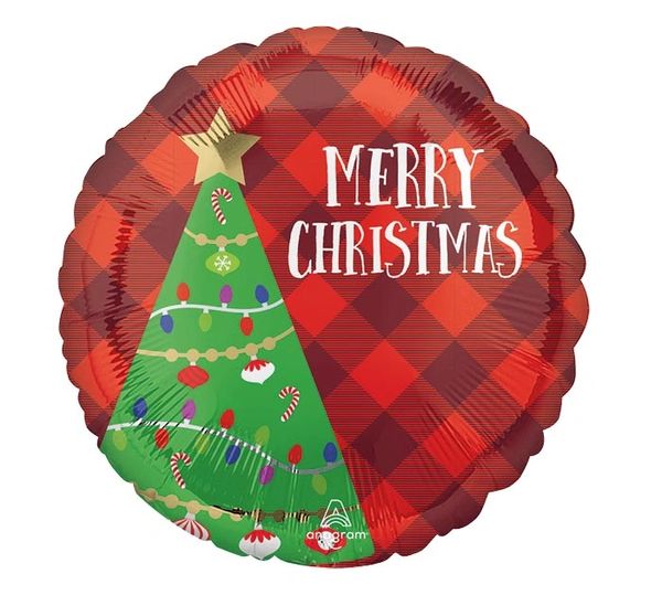 Merry Christmas Red Round Holiday Foil Balloon, 18in - Red Gingham - Christmas Tree