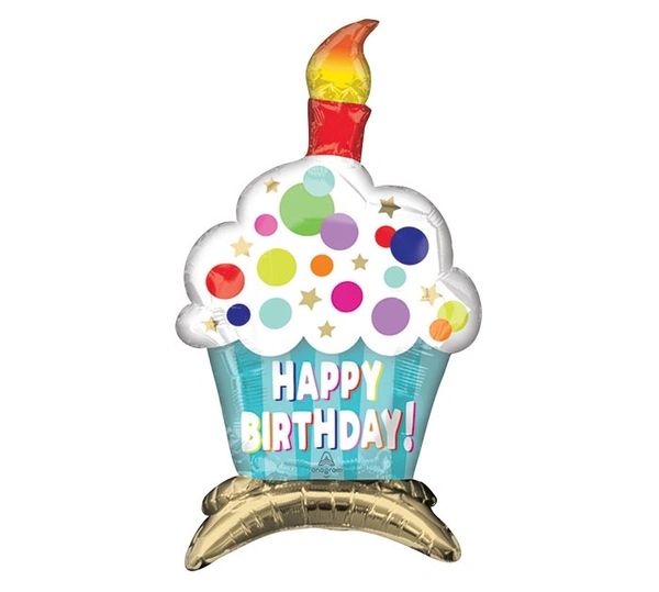 *Jumbo Happy Birthday Cupcake Balloon, 24in - Fill with Air, No Helium Required