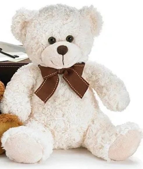 Sitting White Teddy Bear Plush with Bow, 12in