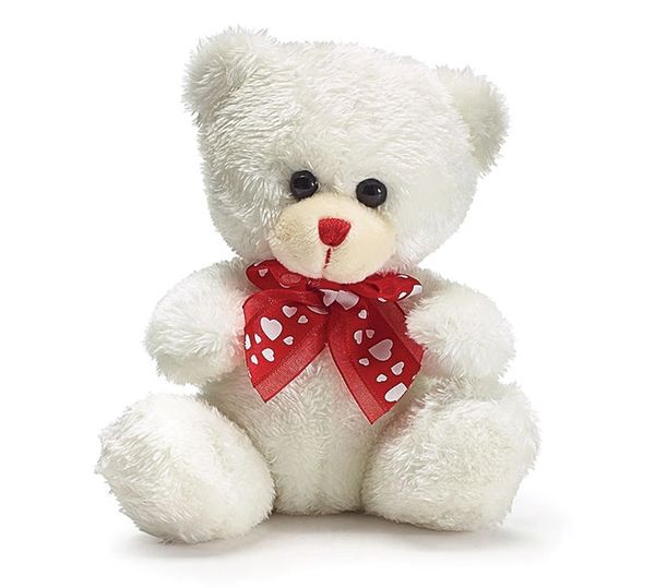 Sitting White Teddy Bear Plush with Red Bow & Hearts, 5in - Valentines Day - Love