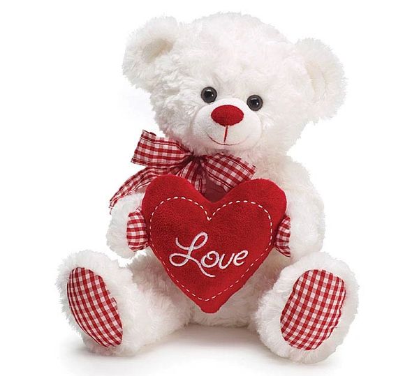 Sitting White Teddy Bear Plush with Red Checkered Bow, 10in - Valentines - Love