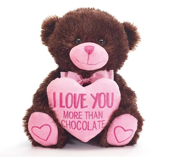 Dark Brown Teddy Bear Plush "I love you more than chocolate" with Pink Bow & Heart, 10in - Valentines Day - Love