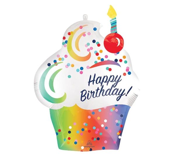 Happy Birthday Cupcake Stick Balloon, Air Filled, 14in - Stick Birthday