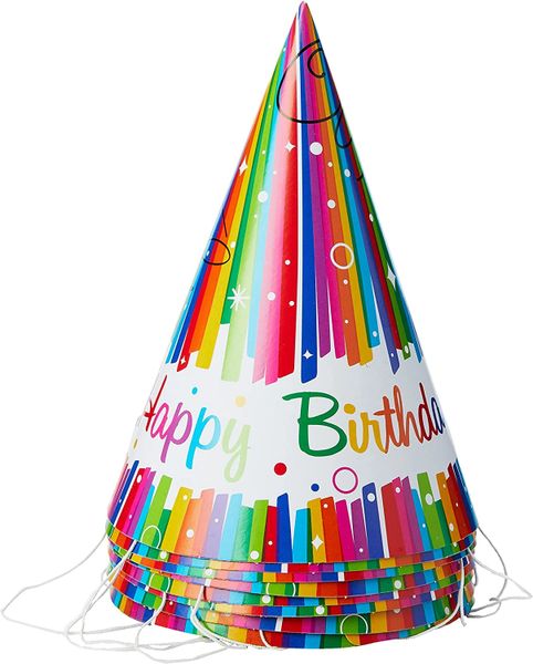 Rainbow Ribbons Birthday Party Cone Hats, 8ct