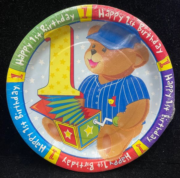 *Baby Boys 1st Birthday, Blue Teddy Bear Party Luncheon Plates, 8ct - 9in - First Birthday
