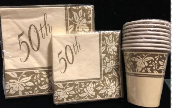 BOGO SALE - 50th Theme Party Supplies - Gold Floral - Golden Anniversary