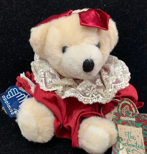 Vintage Light Brown Teddy Bear Plush in Red Dress, Lace Collar, 6in - The Enchanted Season by applause - Mom Gifts