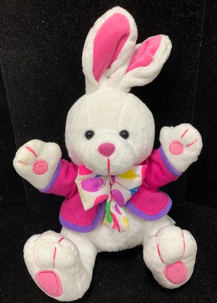 White Bunny Rabbit Plush, Stuffed Animals, Pink Jacket, 9in Easter Novelty Gifts