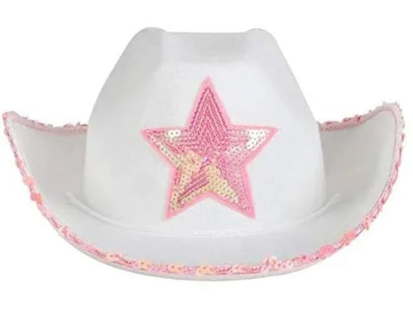 Girls White Cowgirl Hat Accessory with Pink Sequin Star - Halloween Spirit - under $20