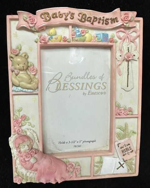 SALE - Baby Girl Baptism Picture Frame, Bundles of Blessings, Pink - 7in, 4x6 photo, by Enesco