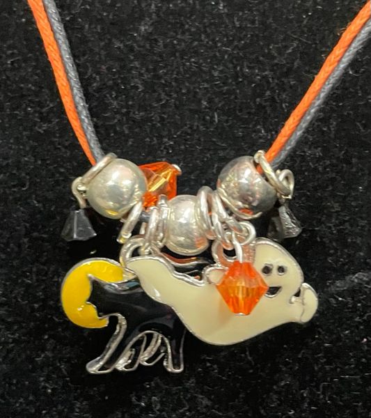 Halloween Ghost & Black Cat Necklace, Costume Jewelry - Novelty