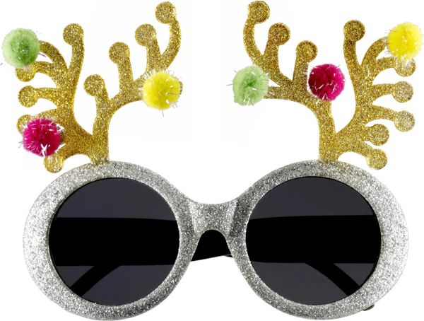 *Silver Glitter Reindeer Glasses, Gold Antlers - Christmas