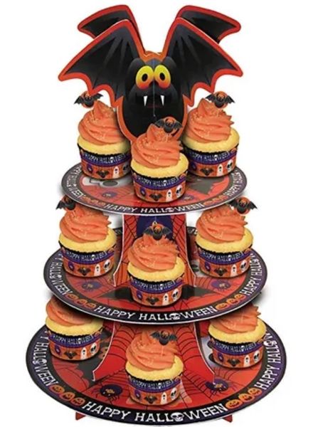 3 Tier Happy Halloween Party Cupcake Stand, Tower - Bats - Halloween Sale