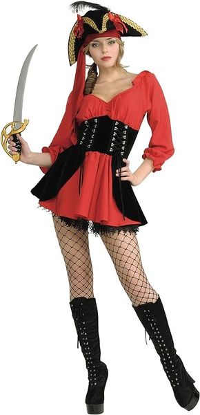 *Sexy Pirate Wench Red Dress Costumes, Plus Fishnet Stockings, Women's Medium - After Halloween Sale