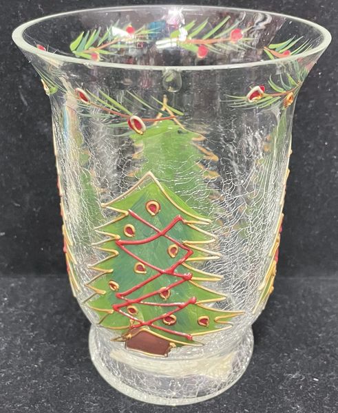 Christmas Tree Glass Hurricane Tealite Candle Holder, 6in - Mantel Decoration - Holiday Gifts