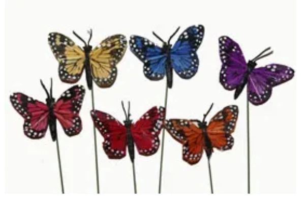 *Artificial Assorted Color Wired Feather Butterfly Floral Pick Decoration 12pcs