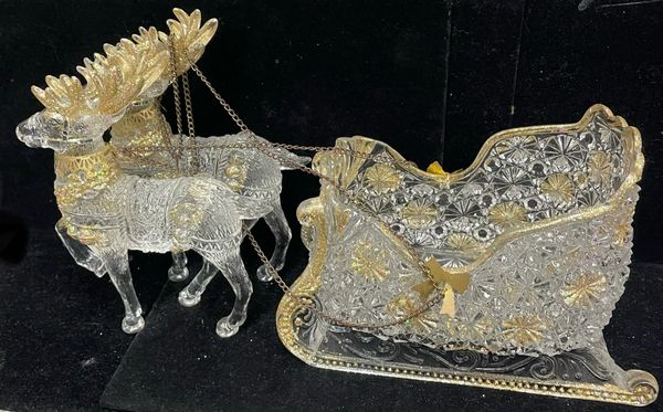 Gold Glitter Santa Sleigh with Reindeer Figurine - Christmas Holiday Gifts