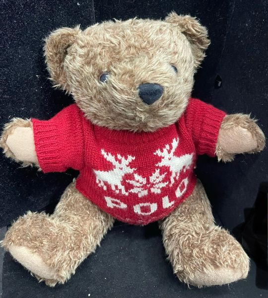 Polo Ralph Lauren Brown Teddy Bear Plush, 12in - 1998 - Red Sweater - Adjustable Legs