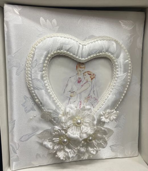 *White Satin Heart Picture Frame Wedding Photo Album, 12in - Bridal - Engagement - Wedding