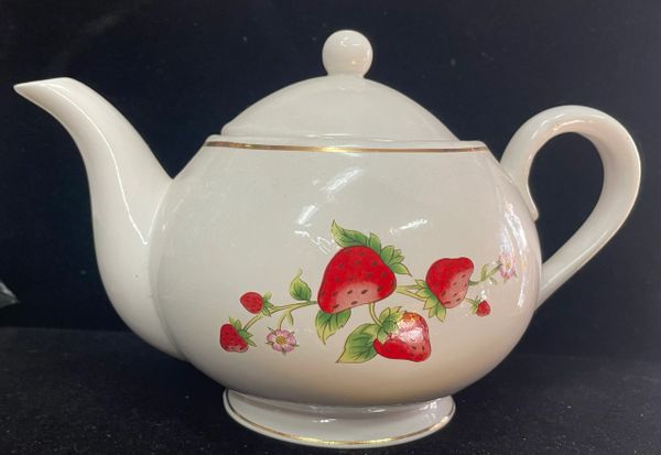 SALE - White Teapot with Strawberries - Mom Gifts - Mother’s Day