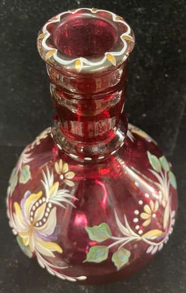 Limited Hand Painted Glass Cranberry Red Bottle, Vase, 8in - Signed by Nancy Fenton #226 of 1000 - Heirloom Collection