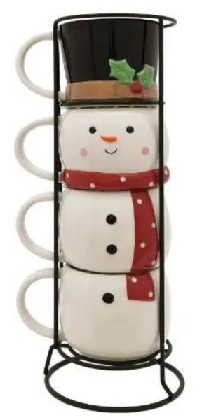 *Snowman Coffee Mug Stack Set, Ceramic- 4 Mugs - Winter Gifts