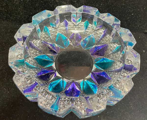 Crystal Glass Ashtray, Purple, Teal