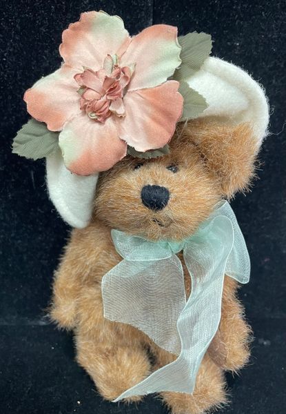 Vintage Plush Brown Lady Teddy Bear, Big Flower Hat, 7in - 1999, Bearwear by Boyds Bears - Mom Gifts