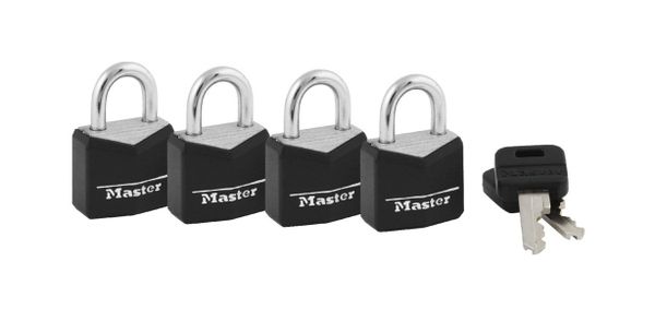 Mini Master Lock Solid-Brass Keyed Padlocks, Vinyl Cover & Keyhead, 4-Pack, 3/4-In. - 121Q