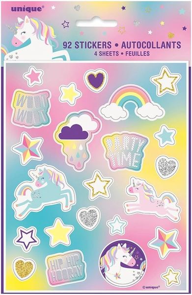 *Unicorn Stickers, Birthday Party Favors - 4 sheets, 92 Stickers