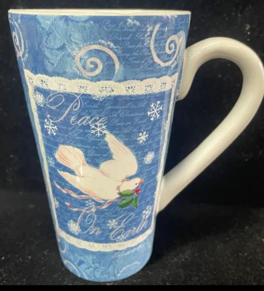 *Peace on Earth, Tall Blue Christmas Mug, Dove with Mistletoe