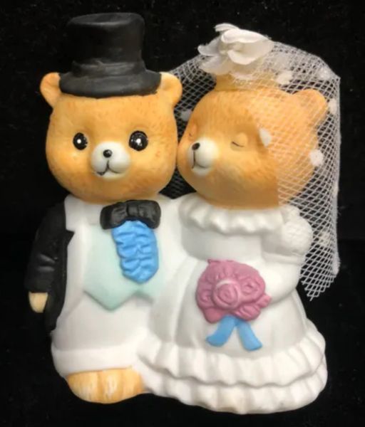 *Rare Vintage Mini Teddy Bear Bride and Groom Porcelain Figurine, 3in - by Russ Berrie - Wedding Couple