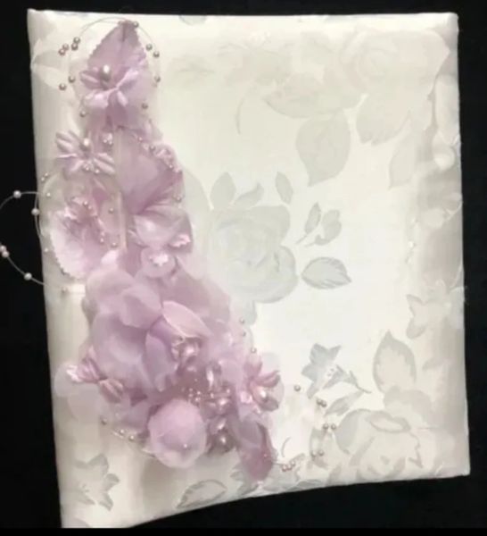 *Handmade White Satin Floral Fabric Photo Album, 12in - Lavender - Bridal - Wedding - Engagement