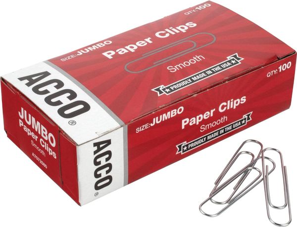 *Jumbo Paper Clips, Smooth, 100 Clips/Box, 1 Box