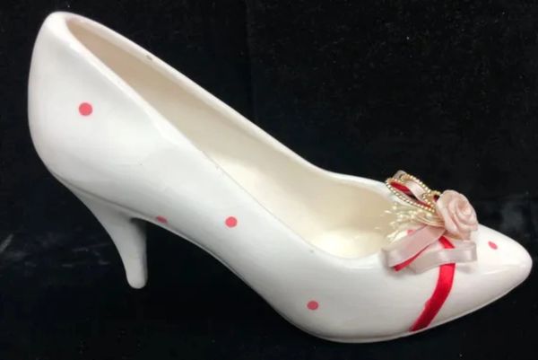 *Vintage White Low Heel Shoe, Pink Dots, 8in, By Enesco - 1985 - Mom Gifts - Bridal